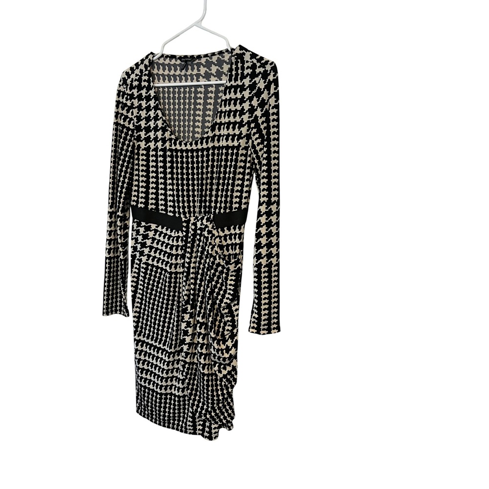 Daisy Fuentes Houndstooth Long Sleeve V-Neck Draped Sheath Dress Onyx Combo S